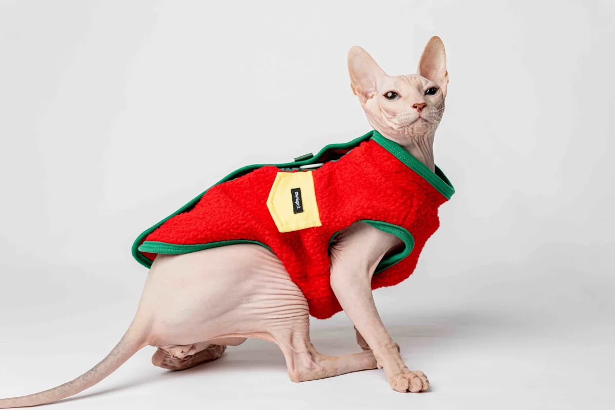 Extra hřejivá fleecová vesta pro kočky sphynx červená Extra hřejivá fleecová vesta pro kočky sphynx červená