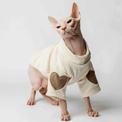 Teplá mikina „Srdce“ pro kočky sphynx krémová