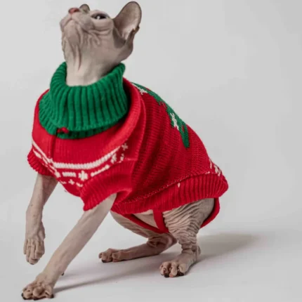 Klasický svetr s rolákem pro kočky sphynx – Vánoční stromeček