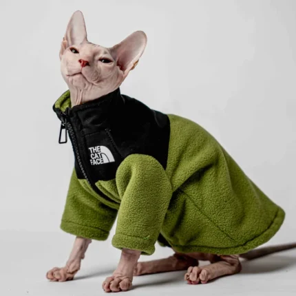 Hřejivá mikina na zip pro kočky sphynx – The Cat Face – výrazná olivová